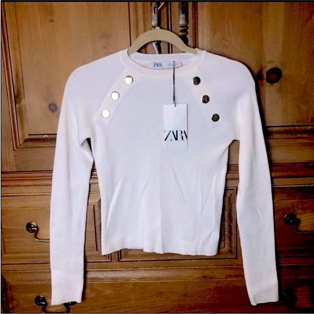 Zara white ribbed fitted crew neck sweater top